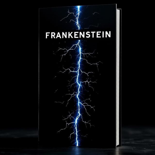A stark black background with an abstract representation of stitches running vertically down the center in a jagged, unsettling pattern. The stitches are metallic, rendered in a reflective electric blue, giving a shocking yet clean feel. Thin arcs of subtle electrical sparks extend from a few points along the stitches, crackling outward. The title, "Frankenstein," appears in sharp contrast, in white, positioned slightly off-center towards the top.