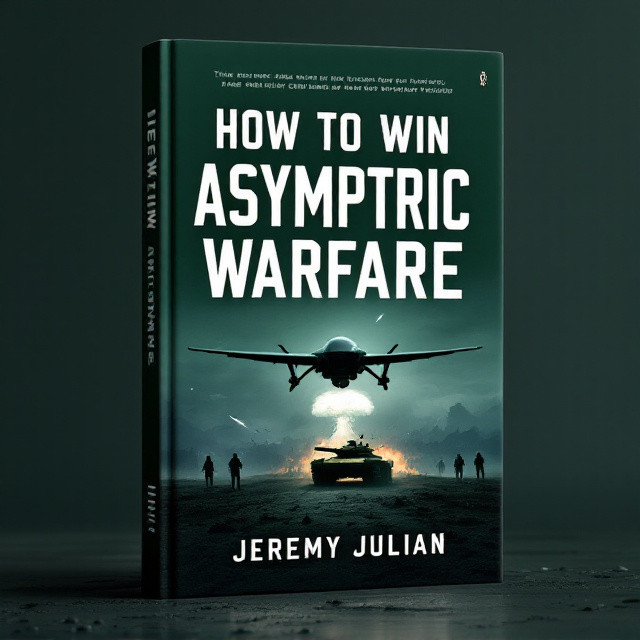 A dark green background with a military theme. A central image featuring a stealth drone flying over a battlefield, with a tank angled in the foreground and a faint missile trail in the sky. Subtle outlines of a nuclear explosion on the horizon, with shadowy figures resembling terrorists visible in the lower-left corner. The design emphasizes tension and strategy with layered imagery and sharp contrasts.