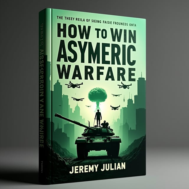 A war-torn urban landscape is dominated by a blend of modern military devices — drones flying in the sky, a tank rolling in the foreground, missiles streaking across the scene, and a faint nuclear mushroom cloud in the background. A sinister silhouette of a terrorist holding a weapon is subtly visible within the chaos. The primary color green is applied with gradients to depict destruction blended with strategic undertones. A metallic sheen is added to emphasize warfare technology.