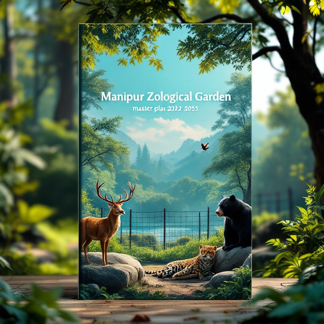 A tranquil scene showcasing key zoo animals native to Manipur, such as a Sangai deer gracefully positioned in the foreground, a Himalayan black bear perched on a rock, and a leopard resting in a shaded area. Nongin bird and hornbill are depicted flying along a vibrant blue sky framed by towering trees and lush greenery. The backdrop includes zoo elements such as fencing seamlessly blending into the natural environment. High-definition images and subtle textures emphasize the connection to wildlife conservation.