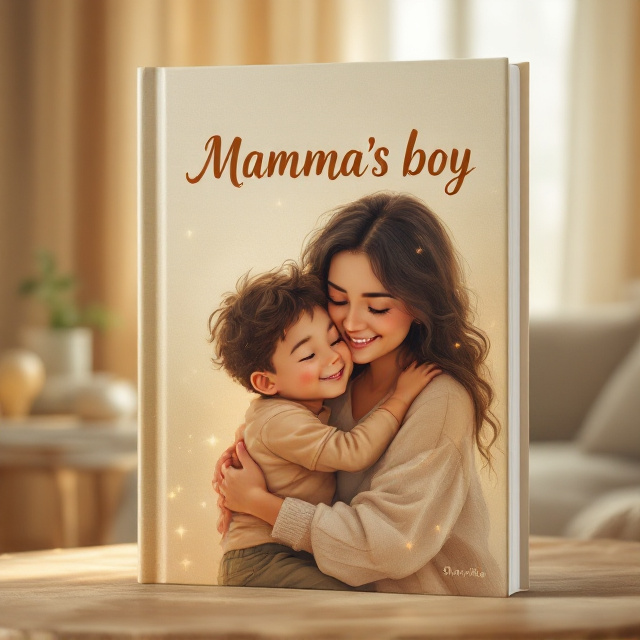 A heartwarming illustration of a young boy hugging his mother tightly, both wearing gentle smiles and surrounded by soft glowing light. The background features a slightly blurred living room setting with warm tones of cream, beige, and light brown to evoke a sense of comfort and safety. The image of mother and child is positioned slightly off-center to the right, allowing ample room for text placement.