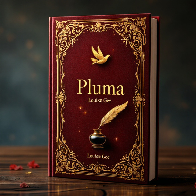 A deep red velvet background with intricate gold filigree forming vintage-styled elegant borders. At the center, there is a delicate feather pen in gold resting diagonally over an antique ink pot, both surrounded by a faint, subtle gleam to highlight richness and royalty. Above them, a gold dove is soaring subtly, positioned elegantly near the title. The overall design exhibits a traditional, romantic, and nationalist feel.