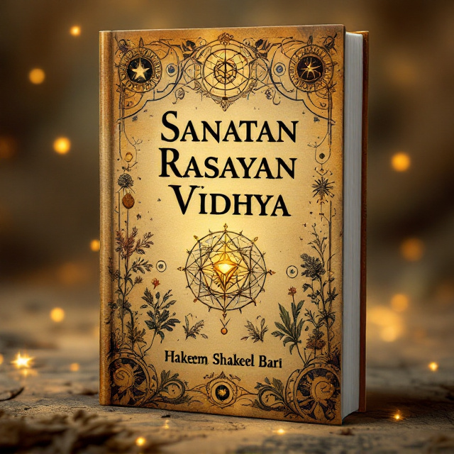Alchemy symbols such as the Philosopher's Stone and geometric celestial patterns are scattered across the cover. The background features a natural, ancient parchment texture that includes faded illustrations of herbs and cosmic constellations. Rich golden and earthy tones dominate. The title is placed centrally at the top, surrounded by magical swirling symbols slightly glowing, while the author's name is on the bottom in smaller, elegant text.