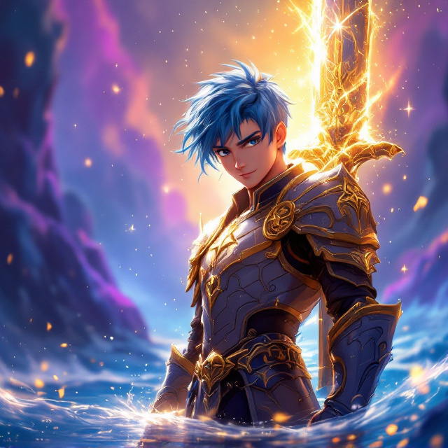 - A triumphant boy warrior with shimmering blue hair stands at the center, slightly off-axis to the right for dynamic presence in a Conrad Roset-inspired anime, oil-painting style. - The shimmering river of destiny flows behind him diagonally, reflecting hues of a blue-purple gradient amidst sparkling light. - His heavy armor gleams, detailed with intricate etchings of victory symbols. Droplets shimmer along his armor and skin. - The massive sword, with ornate engravings glowing faintly, is raised high above, carving a trail filled with sparks of glory into the purple-blue sky. - On his left, a radiant, glowing Lake of Glory spreads vibrantly across the scene, framed by an otherworldly golden light, its shine almost illuminating the cover. - The background fades with blurred yet colorful hints of a surreal landscape, blending hues of purple, gold, and deep blue to magnify the fantasy theme. - Sparks of light trail along his body, highlighting elation and heroism in his facial expression.