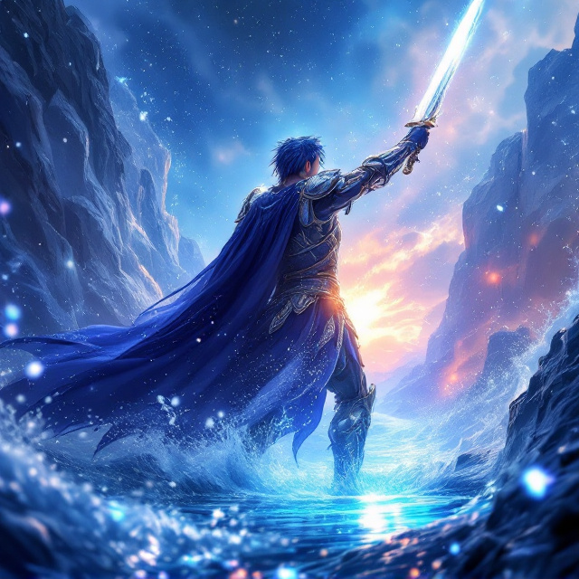 The triumphant young warrior takes center stage, emerging from the shimmering river of destiny. He is dressed in intricately detailed heavy armor, glimmering with hints of iridescence as drops of water drip across his form. His blue hair boldly streaks through the air with movement, while one hand wields a massive sword raised high, carving a luminous trail in the sky. His other hand reaches out toward the radiant Lake of Glory in the distance—a bright, shimmering pool surrounded by glowing mist that mirrors the blue and purple gradient of the sky. Sparks of glory cascade around him amidst an ethereal backdrop. Every stroke of the design feels like an anime lauded in oil-paint-inspired detail, with Conrad Roset-style artistic strokes lending the scene a magical, painterly ambiance.