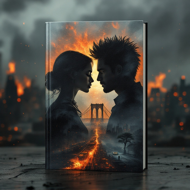 The cover features a dark, gritty cityscape ablaze with fiery reds and oranges in the background, symbolizing chaos and destruction. On one side of the cover is the silhouette of a woman's face, sharp and angular, overlayed with the iconic Brooklyn Bridge. On the opposite side is the silhouette of a dwarf man's face with spiky hair, their profile steeped in shadows and texture, overlapped by the Howrah Bridge. The two bridges meet in the center, seamlessly connected, symbolizing a link between two worlds. Below the bridges, a city sprawls with tiny details like a tram winding near a banyan tree, the base of a tall water reservoir visible in the murky haze. The overall choice of colors combines dark grays, blacks, and fiery oranges, with shadowy depth illustrating suspense and mystery.