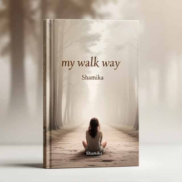 A misty pathway stretching into the horizon, lined with tall trees fading into the background. In the foreground, a sketch of a woman sitting on the path with her knees drawn up, looking behind her wistfully. The color palette focuses on muted earthy tones—browns, greys, and soft greens—with subtle light filtering through the trees.