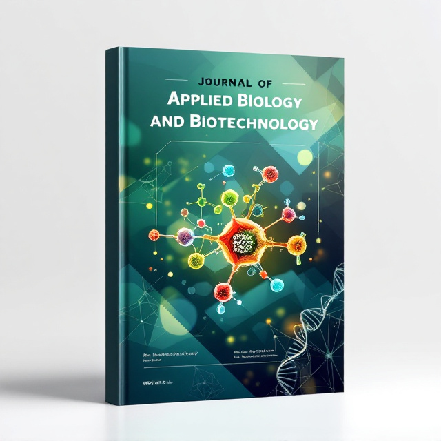 A clean and professional layout featuring a central molecular structure graphic representing biotechnology. A subtle overlay of agricultural patterns (like leaf veins or crop field geometries) blends with biological imagery to symbolize interdisciplinary research. The background consists of gradients and geometric precision in the primary color #088F8F. Semi-transparent DNA helix strands subtly wrap around the text zones, enhancing the science theme.