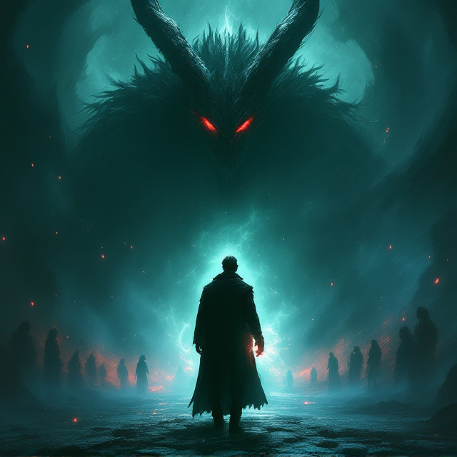 A shadowy figure of a man stands tall in the foreground, his body partially illuminated by a pale blue-green aura. Behind him, a towering dark demon looms, its fiery red eyes fixed on him, radiating menace. The background features a swirling vortex in hues of black and midnight green, suggesting turmoil and chaos. Scattered in the vortex are faint silhouettes of couples embracing, symbolizing the romance element. The man clutches a glowing, mystical artifact in his hand, hinting at heroism and his personal journey. The atmosphere is moody and cinematic, with contrasting areas of light and dark, evoking struggle and hope simultaneously.