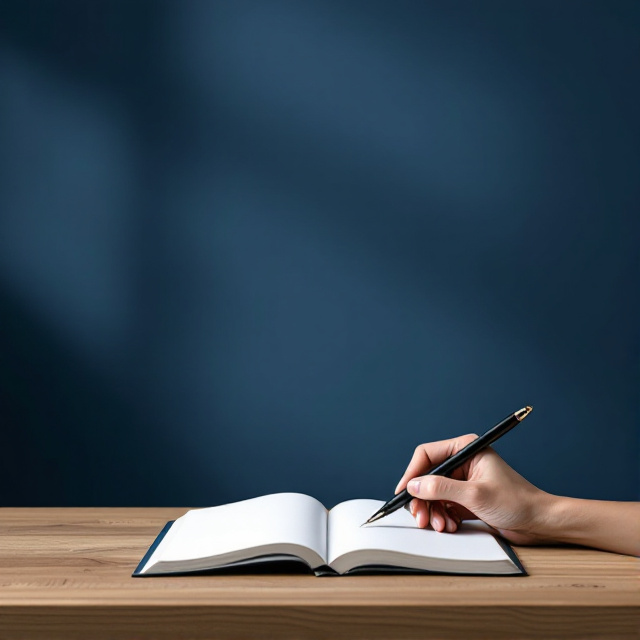 A navy-colored background with a minimalist design. A clean wooden table in the center with a hand holding a sleek pen, poised over an open book with blank pages. A subtle light source coming from the upper left corner creates soft shadows for depth and professionalism.