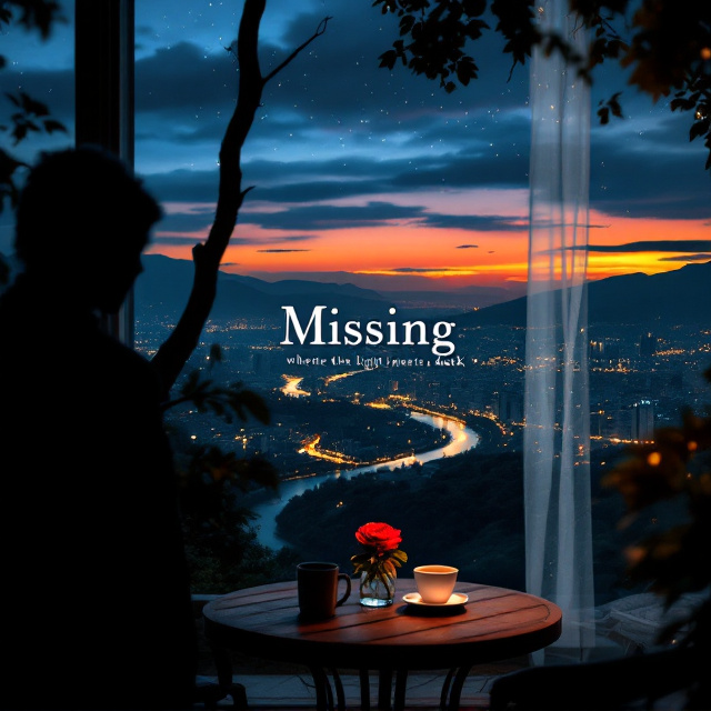 A Medellín skyline at dusk takes up the top two-thirds of the cover, showcasing twinkling city lights and a fading vibrant-orange sun transitioning into deep blue and black hues. In the foreground at the bottom third of the page is a shadowy figure on the left, standing near a rustic round café table. A coffee cup and a small vase with a single red rose sit on the table, glowing faintly from the spill of dim, warm café lighting. The background incorporates lush green hills, and a faint river shimmering in moonlight arcs across the lower half of the skyline, emphasizing the cryptic message "where the light meets the dark.".