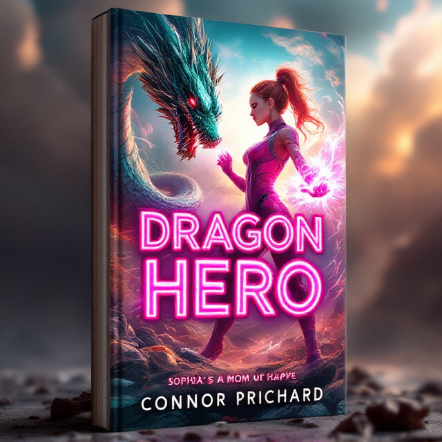 The cover features a dynamic, action-packed scene. A vibrant pink dragon-themed hero in a sleek, spandex suit with intricate details stands in a powerful pose. She holds an energy weapon, framed by glowing pink accents on her suit. She's fighting a fearsome snake monster with scales reflecting iridescent green and black hues, positioned to coil and strike. Behind them is an epic, sunlit battlefield with swirling clouds, dramatic lighting, and metallic debris. Sophia’s mom appears in a protective stance in the background, her eyes filled with encouragement. This creates a sense of teamwork and determination, while the bright tones convey happiness.