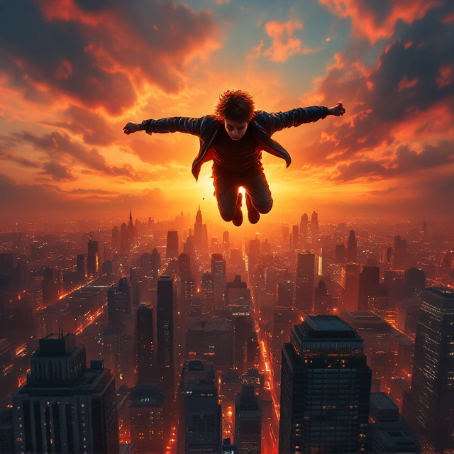 A teenager boy is depicted flying mid-air above a sprawling city, silhouetted against a fiery sunset. His pose communicates strength and anger, his fists glowing with energy as he races toward shadowy villains lurking on rooftops below. The villains are menacing figures, partially shrouded in darkness with sharp weapons visible in hand. The city beneath is detailed with modern skyscrapers and glowing windows, presented from a dramatic bird's-eye perspective. The scene is imbued with fiery reds, oranges, and yellows to emphasize action and intensity.