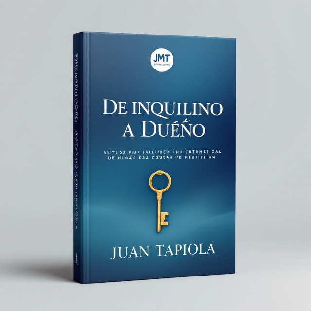 The book cover features a subtle gradient background transitioning from deep blue (#1A2A44) at the top to lighter blue (#2E4372) at the bottom, evoking depth and trust. A centrally-placed, elegant toasted gold key is stylized with a sleek design, slightly tilted diagonally left-to-right to symbolize unlocking possibilities. The title "De inquilino a Dueño" is prominently displayed in bold sans-serif (Montserrat Bold), positioned across the center. Below the title, the author's name “Juan Tapiola” appears in a smaller, lighter sans-serif font (Poppins Light). A small "JMT" logo in a circle (white background, deep blue letters, toasted gold border) is placed neatly in the top-right corner.