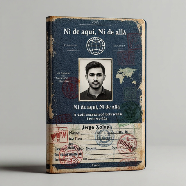 The book cover resembles an actual passport, with its dark blue background texture akin to passport material. Centered on the upper portion is an embossed geometric emblem resembling a global map, symbolizing the borderless experience. Below the emblem is a photo frame that mimics an old passport photo with Jorge Xolalpa's portrait. Surrounding the photo are realistic-looking details such as name, date of birth, and nationality fields, styled to look unfinished or multi-national. The graphic artistry includes fading ink stamps scattered across the cover reflecting different countries, blending the theme of immigration and limbo.