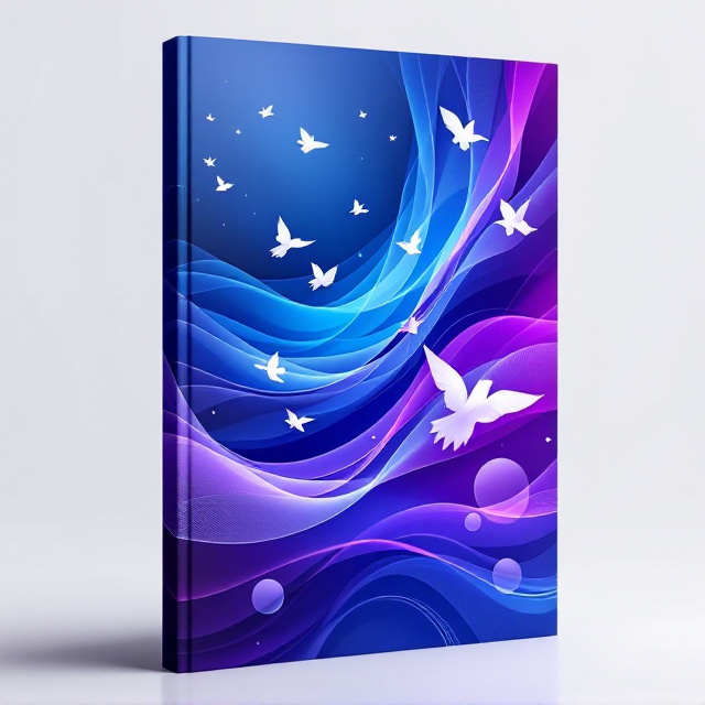Dynamic curved lines resembling flowing energy waves dominate the cover, cascading across in gradient tones of deep blues and vivid purples. In the foreground, abstract shapes morph between organic and geometric patterns, creating a surreal and unpredictable aesthetic. A group of translucent birds fly upwards, adding a sense of movement and dynamism. Shadows and perspective create depth, making certain parts of the design appear closer to the reader’s view while others recede in a holographic manner.