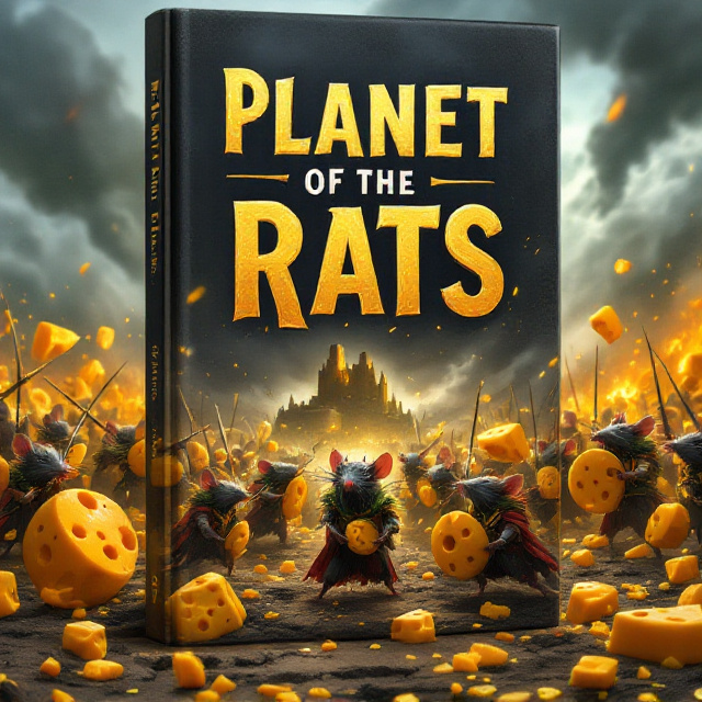 A battle scene with armies of anthropomorphic rats armed with elaborate cheese-themed weapons (e.g., cheese cannons, sword-shaped cheese wedges) clashing on a desolate battlefield. The sky is ominous, filled with dark clouds, giving a sense of tension. Scattered pieces of glowing, golden cheese litter the ground like treasures. In the background, a towering cheese fortress catches the eye, framed by smoke and fire from ongoing war. The rats show fierce expressions, some wearing armor made of cheese slices while others hold shields resembling cheese wheels.