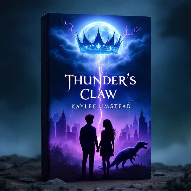 A nighttime cityscape outlined in silver by a luminous full moon, occupying the lower third of the cover. A teenage brother and sister stand in the mid-ground, silhouetted against the moon. They face away from one another the boy to the left with a teenager bearing furry chipmunk ears and tail behind him, and the girl to the right with a baby velociraptor with shimmering green scales beside her. Clouds swirl ominously in the top third of the cover, where a ghostly crown floats, backlit by radiant lightning strikes. Purple poison drips in diagonal streaks, pooling over the title "Thunder's Claw," which stretches across the center. The color palette is dominated by shades of blue with contrasting silvers, greens, and purples for dramatic effect.