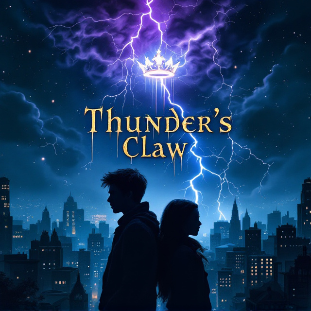 The cover showcases a deep navy blue night sky scattered with faint stars that transition into eerie black clouds at the top. The cityscape below is outlined in silvery-white moonlight, creating reflective highlights on detailed skyscrapers and narrower winding streets. In the foreground, two teenage silhouettes stand back to back, both blurred at the edges to add intrigue the brother faces left with a shadowy figure resembling a teenager with chipmunk ears and a tail beside him; the sister turns right with an intricately detailed baby velociraptor, its green scales subtly shimmering in moonlight. Above them, embedded in swirling dark clouds, a faint golden crown glows ominously as violet-hued poison drips diagonally across the title from the top. Lightning strikes through the skyline, adding energy and menace.