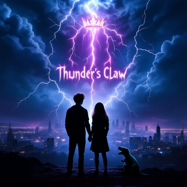 Dark navy blue dominates the background, with hints of indigo and deep purple clouds rolling across the sky. Lightning strikes illuminate a skyline, revealing the silhouette of a towering city bathed in silver moonlight. The teenage brother and sister, silhouetted in semi-profile, stand with their backs to each other, looking outward with tension in their stance. On the boy's left, a teen with chipmunk-like ears and a tail clutches a glimmering object. On the girl's right, a baby velociraptor crouches defensively, its green scales catching faint light. Above them in swirling clouds, a faint golden crown glows ominously against the dark sky, dripping purple poison toward the title that cuts diagonally across the scene.