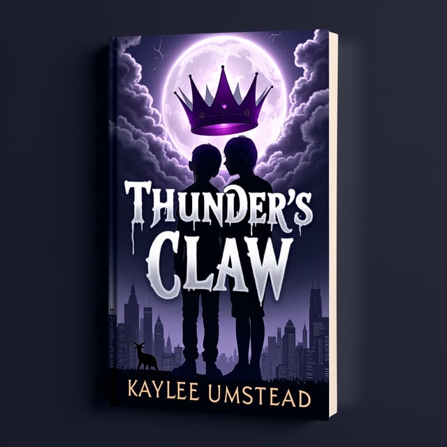 The moon hangs suspended in a dark, murky sky, glowing silver and casting an ethereal reflection over the city below. The cityscape is stylized in silhouette, with sharp and jagged towers that evoke a sense of mystery and danger. At the forefront, the teenage brother and sister stand back-to-back, their silhouettes distinct—each adorned by faint detailing of the companions the teenager with chipmunk ears/tail to the boy’s left and the baby green-scaled velociraptor to the girl’s right. Above them, swirling storm clouds dominate the upper half of the cover. A crown is subtly embedded in the center of these clouds, dripping purple poison diagonally through the title in bold letters at the middle. Lightning cracks apart the top of the crown, creating a dramatic focal point. Subtle textures of wind and faint stars add depth to the design.
