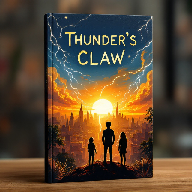 The cover features a hand-drawn illustration of a sprawling cityscape in silhouette, bathed in the golden hue of a setting sun. The city's skyline is adorned with towers and spires, while dramatic streaks of lightning arc across a deep blue sky. Three teenagers stand in silhouette at the foreground—at the center is a thin, lanky boy, flanked by a shorter girl on his left and a taller girl on his right. They gaze out over the city in curious contemplation. Gold-rimmed clouds drift artistically near the sunset, blending into the bright oranges and subdued purples of the horizon.