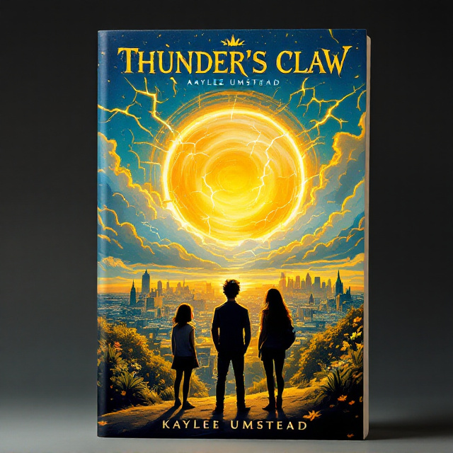A vivid hand-drawn illustration of a glowing sunset painted in hues of gold and blue. In the foreground, three teenagers are depicted as silhouettes— a thin boy is central; a short girl stands on the left, and a tall girl on the right. The cityscape sprawls beneath them, outlined in gold from the radiating light of the setting sun. Lightning bolts streak the sky within the clouds, which are rimmed in gold, reflecting the peaceful yet charged atmosphere of magical realism.
