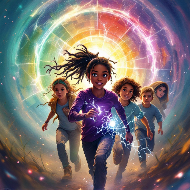 A vivid and dynamic scene captures a group of adventurers mid-action against a backdrop of swirling colors. The 12-year-old Black girl leads the group, her purple shirt glowing slightly while holding her staff, which emits a faint, magical light. Behind her is the boy surrounded by electric sparks, his shaggy blonde hair catching illumination from the energy. On her side, the girl with long brown hair runs, her light blue shirt softly reflecting some of the magic. Slightly behind them, the girl with curly brown hair and a green headband keeps pace. The girl with short blonde hair peers through from behind with the marigold hood wrapping her face in mystery, exposing only her striking blue eyes. Faded into the background is a mystical, faintly glowing colorwheel with a subtle, translucent vile of white liquid layered in front. The overall style is painterly, vibrant, and softly detailed to maintain the balance between fantasy and childish charm.