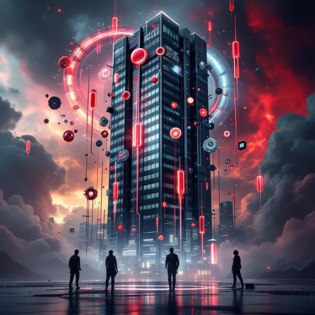 The cover depicts a towering modern office building surrounded by a surreal science fiction landscape, with blood transfusion tubes attached to the building resembling a medical treatment. The blood flows vividly through transparent tubes, giving the impression of re-energizing the structure. Around the building, various management science tools, like gears, charts, and abstract digital interfaces, float mid-air in a symbiotic arrangement. The backdrop is a stormy, dark sky with hints of glowing red and electric blue tones, signifying urgency and transformation. The cover incorporates shadowy silhouettes of individuals that appear misplaced compared to the grandeur and energy of the scene.