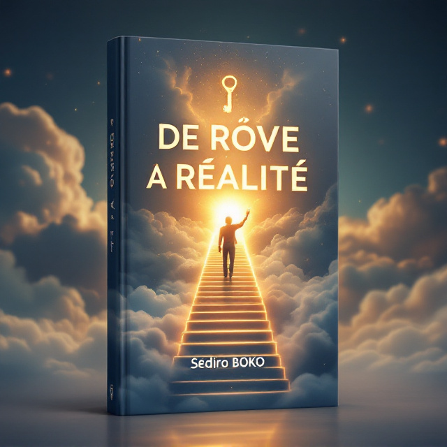 A character is seen climbing a glowing staircase that ascends into a radiant, golden horizon, symbolizing progress and ambition. Surrounding the staircase are soft, swirling clouds that fade into a deep blue background, conveying the transition from dreams to reality. The title "DE RÊVE À RÉALITÉ" stands boldly in the center, with the words “RÊVE” and “RÉALITÉ” highlighted in shimmering gold. A subtle key symbol is integrated above the title, hinting at unlocking success, while the author’s name "Sèdjro BOKO" is placed elegantly at the bottom of the cover in white.