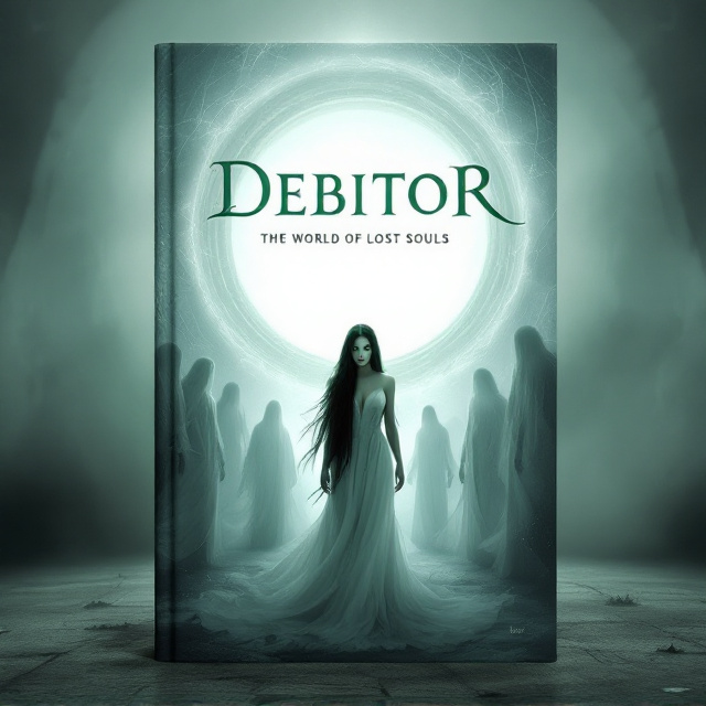 A vivid yet melancholic scene depicting a mysterious lady with long black hair and piercing green eyes in the foreground. She's standing under a glowing, circular white light that resembles a portal, surrounded by people dressed in flowing white attire who seem almost ghostly and ethereal. The backdrop is a surreal, mist-covered world — a blend of grayish hues with subtle green undertones. Shadowy, distorted shapes loom in the distance to give the impression of an eerie yet enchanting ‘world of lost souls.’.
