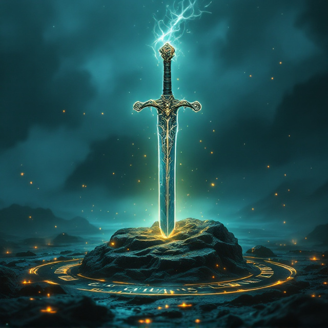 A dark and mysterious island shrouded in fog serves as the background. In the foreground, a glowing, enchanted sword rests upright in the center of the scene, surrounded by swirling magical runes. The sword handle is intricately designed, resembling ancient carvings. Dark and dramatic tones dominate, with hues of deep blue, emerald green, and black emphasizing a fantasy atmosphere. Subtle hints of golden light radiate from the sword.