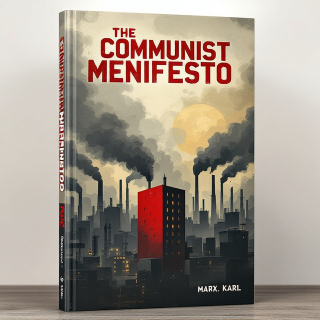 A dystopian industrial cityscape dominates the cover, painted in shades of gray and black to depict a gloomy atmosphere. The one vivid red building stands out sharply in the foreground against the oppressive gray, signifying the presence of communist ideals. Thick black smoke rises from multiple factory chimneys, obscuring the faded golden yellow sky in the background, giving the scene a suffocating feeling. The graphic style uses stark shadows and clean edges to emphasize the heaviness of the depicted era.