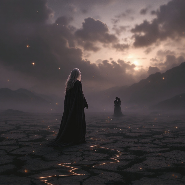 A moody, vintage scene depicting a twilight sky with hues of dusty purple, deep gray, and muted gold. In the foreground, an enchanting silver-haired wizard in a flowing cloak stands on barren, cracked soil with faint glowing lines etched into the ground like ancient symbols. In the background, faint outlines of two figures in an embrace are visible, their forms blending into the twilight shadows, symbolizing sadness and longing. Golden sparkles float around the wizard, glowing faintly and creating a sense of magic.