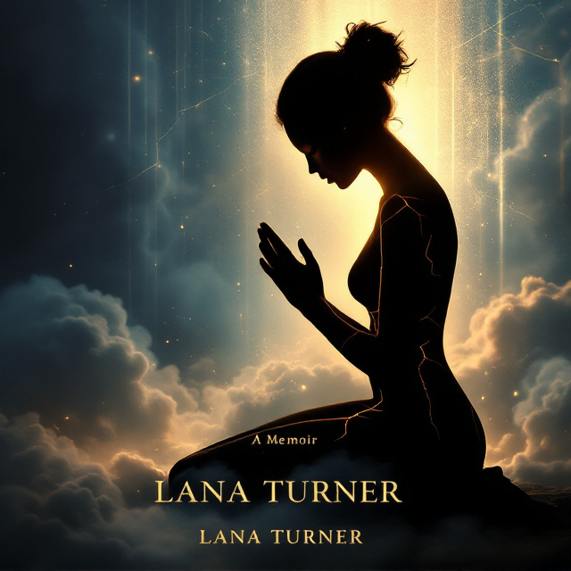 A lone silhouette of a woman in a humble posture, kneeling with her hands clasped in prayer. Her body is seen cracked like aged pottery, with glowing gold lines forming a kintsugi-style repair that radiates a soft light. Around her form lies darkness transitioning into a pastel gradient of soft blues and rose gold, with ethereal beams emerging from behind her. Clouds resembling remnants of a storm hover at the bottom of the design, enhancing the sense of trauma transitioning into peace.
