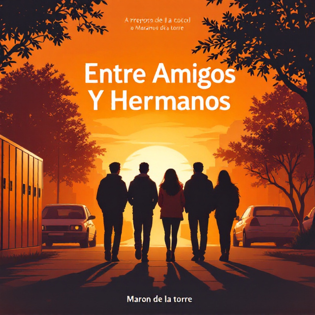 A warm-toned, sunset-colored background establishes the atmosphere of camaraderie and youth. Silhouettes of three men and two women are seen walking away from the viewer, grouped closely together to emphasize their bond. The silhouettes are surrounded by subtle illustrations of high school lockers on one side and cars parked on the other. The preparatory school building is faintly sketched in the backdrop, barely visible but reinforcing the setting without overpowering the image.