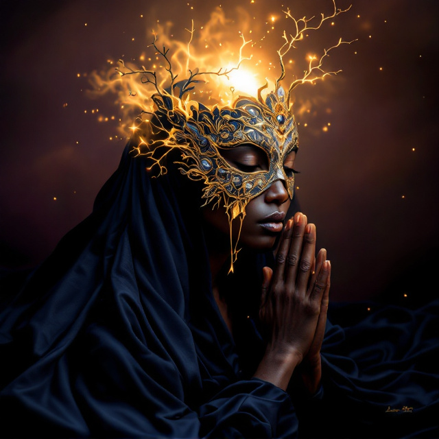 The cover showcases a Black woman in a kneeling prayer position, her head bowed and hands clasped in devotion. She is draped in flowing deep midnight blue fabric that fades into shadows at the bottom of the cover. Her mask, an ornate creation with intricate Art Nouveau-inspired patterns and gleaming crystals, is partially cracking away on one side. Golden light gently spills from the cracks, illuminating her exposed face beneath the mask. Her visible features radiate vulnerability and dignity, with a tear slipping down her cheek. Surrounding her head, subtle wisps of smoke and light suggest spiritual transformation, blending into the ethereal dawn-like glow at the top of the cover. The background fades from rich royal purple in the midsection to warm gold hues near the top. Golden cracks branch out from the falling mask into the negative space, creating an interconnected and artistic texture across the cover.