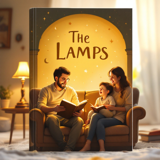 A warm and cozy living room setting as the background, illuminated by a soft glow from an old-fashioned table lamp. The father sits in a cushioned armchair holding an open book, leaning slightly toward the boy, who looks eager and captivated. Beside them, the mother sits on a sofa holding the younger child, who is smiling brightly. The walls have subtle illustrations of stars and moons to enhance the whimsical atmosphere.