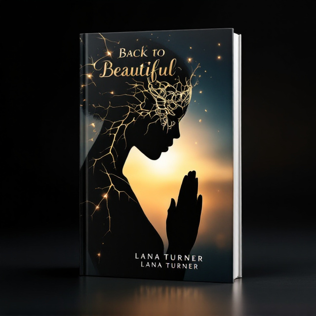 The book cover features a black silhouette of a gracefully fractured Black woman in prayer, her head bowed and hands clasped. Golden cracks run through her form using a kintsugi-style motif, with warm golden light spilling out from the fractures. She wears an intricate, delicate mask with ethereal filigree patterns contrasting with her otherwise stark silhouette. Behind her, a soft illumination gradient transitions from deep twilight blue at the bottom to golden dawn light at the top. The edges of the silhouette and mask subtly catch golden highlights. The artistic setup conveys a sense of sacred transformation with vulnerability underscored by elegance.