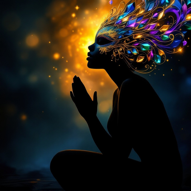 A Black woman's silhouette kneeling in the bottom third of the cover in deep midnight blue to black tones. Her form bends forward in complete surrender, her hands clasped and raised upward. Golden light resembling kintsugi cracks flows elegantly throughout her silhouette, symbolizing healing. Behind her, soft ethereal illumination transitions from deep shadows at the bottom to radiant dawn light at the top, merging into a swirl of golden mist. The focus is a vibrant mask in rich jewel tones—sapphire blue, royal purple, emerald green—with iridescent qualities floating slightly forward from her silhouette. Adorned with metallic gold Art Nouveau-inspired patterns, the mask features crystalline aspects intricately reflecting light. The composition emphasizes dramatic contrast between the broken-yet-healing silhouette and the vivid mask.