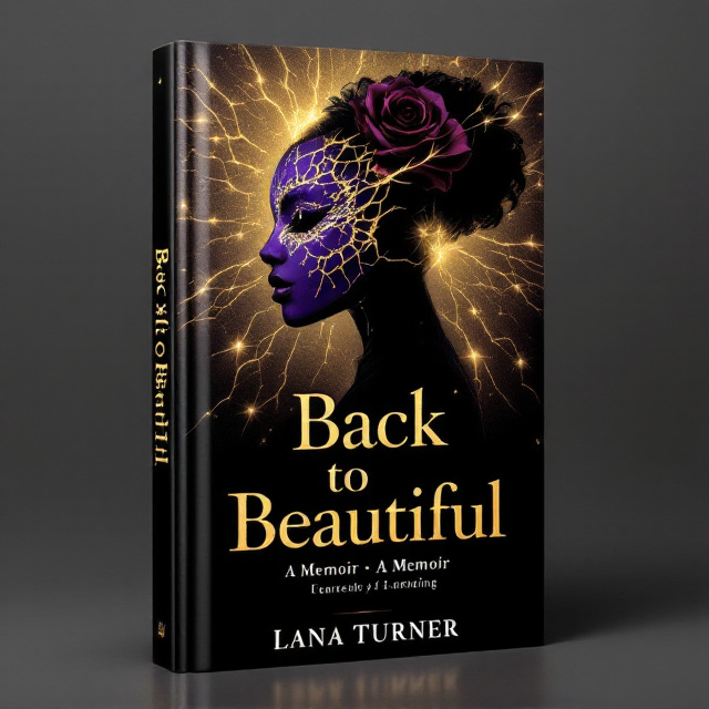 A dramatic cover featuring the silhouette of a kneeling Black woman in surrender. Her silhouette is fractured with bold, prominent cracks resembling shattered pottery, filled with streams of radiant golden light flowing through. The cracks narrate deeper wounds in certain areas and illuminate a story of healing. A vibrant royal purple mask adorned with shimmering crystal details floats slightly forward from the silhouette, capturing attention as the focal vibrant color element. Behind her ear, a single, graceful rose traced in golden light balances her form. The background shifts from deep shadow at the base to a dawn-like aura of light above, enveloping her in ethereal grace.