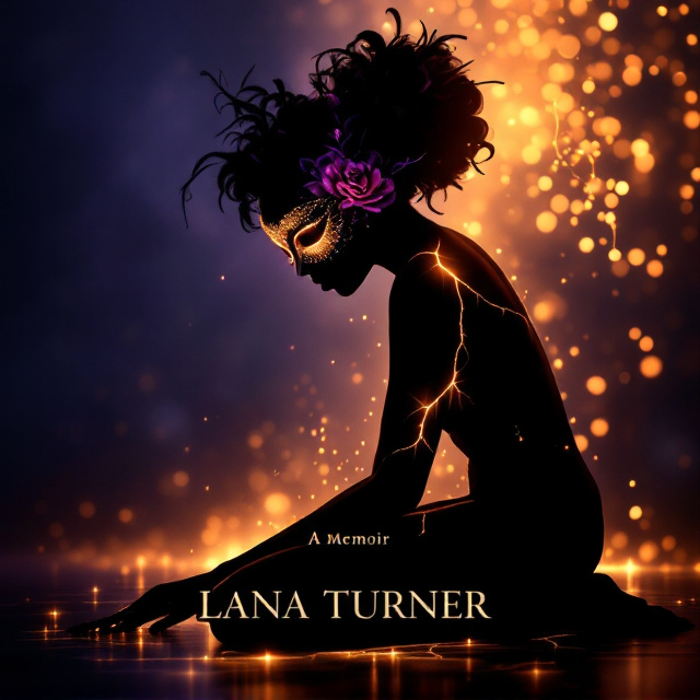 A deep black silhouette of a kneeling woman, positioned in the lower third of the cover, with bold cracks running through her form, finely detailed to appear organic and symbolic. The cracks glow with radiant, golden light, creating a luminous webbing effect. Her silhouette is illuminated by an ethereal halo of soft light emerging from the background, transitioning from deep midnight blue at the bottom to a vibrant dawn-lit gradient at the top. A graceful masquerade-style mask in royal purple, adorned with shimmering crystals, covers her eye area, catching the transformative golden light. A single silhouette-style rose is delicately placed behind her ear, traced in golden light for balance and subtle beauty.