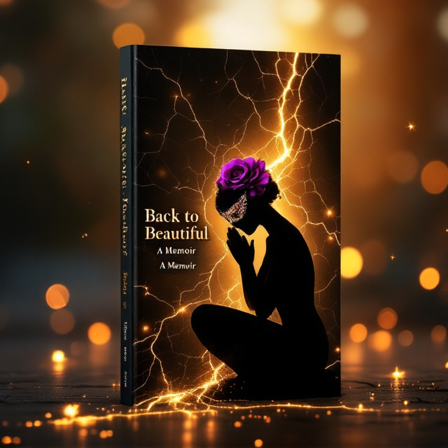 A black silhouette of a woman kneeling in deep prayer occupies the lower third of the cover with cracks traversing her body from head to knee. Thick streams of golden, glowing light pulse through the cracks, creating dramatic luminous pathways of healing. Her bowed head is elegantly adorned with a vibrant royal purple masquerade-style eye mask, detailed with shimmering crystal accents. A softly rendered rose, traced in the same golden light, sits gracefully tucked behind her ear. A soft ethereal backlight encases her silhouette in a radiant halo, transitioning from deep navy shadows at the bottom to serene dawn-like hues above.