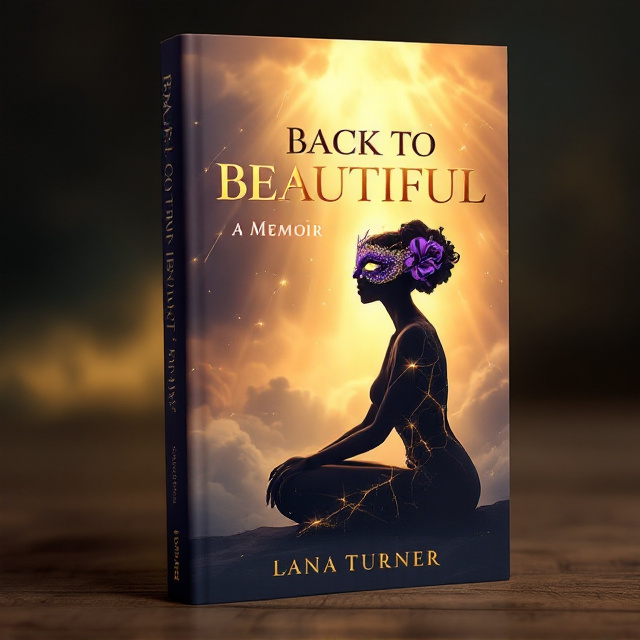 A woman’s kneeling silhouette occupies the lower third of the cover, her form fractured with dramatic, bold cracks streaming with golden light. The background showcases storm clouds near the base transitioning upward to ethereal diffused sunlight breaking through. Golden sunbeams radiate gently behind the silhouette, embracing her figure. A delicate masquerade mask in vibrant royal purple adorned with glowing crystals stands prominently, covering her eyes. A single rose, rendered in golden silhouette lines, is tucked gracefully behind her ear. The light and shadows create interplay between hope above against stormy vulnerability below.