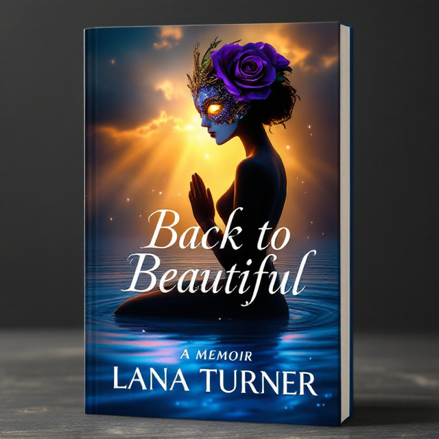 A deep sapphire blue water surface occupies the base of the cover, reflecting storm clouds above and golden light. The woman's silhouette kneels slightly above center, her body bent forward gracefully in surrender, hands clasped and raised upward. Her form features delicate, refined cracks with golden light seeping through them. An ornate masquerade-style mask in vibrant royal purple floats slightly forward above her silhouette, adorned with glittering crystals that catch light dramatically and create subtle rainbow refractions. A single royal purple rose sits elegantly behind her ear, glowing softly with matching crystal dew droplets. Gentle ripples around her knees suggest movement in the water. The golden sunbeams breaking through storm clouds above lend a hopeful, ethereal atmosphere, completing the serene yet dramatic composition.