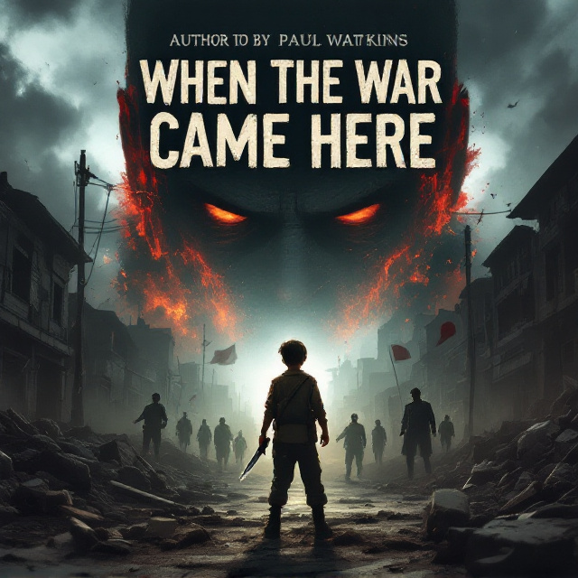 Dark, stormy skies dominate the background with deep grays and violent reds, symbolizing imminent danger. In the foreground, the 13-year-old protagonist is depicted standing in a ruined street, gripping a small dagger with trembling hands, as shadows of enemy soldiers lurk in the distance. A menacing figure of the Japanese officer is silhouetted in the background, his face partially illuminated with cold, calculating eyes. Rubble and torn flags scatter the ground, emphasizing the chaos and war.