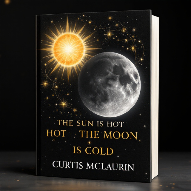 A large, radiant sun occupies the upper left corner, shining with warm gold and orange tones. Across from it, on the bottom right corner, a serene moon glows softly in cool silver and white hues. Between the two celestial bodies, black space stretches seamlessly, sprinkled with tiny stars to create contrast and balance. Both the sun and moon are connected by faint, swirling trails of light, symbolizing their relationship while avoiding an eclipse.