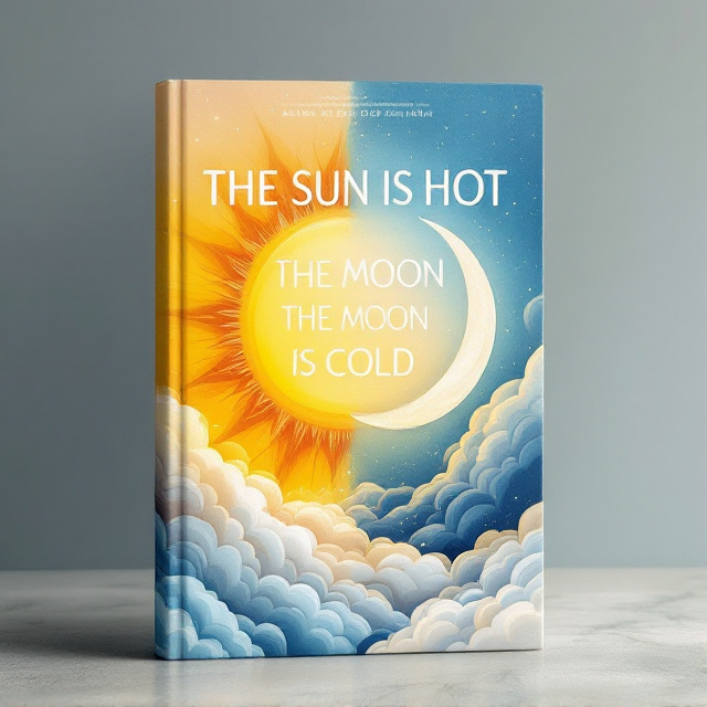 A radiant sun with vivid golden-yellow hues is depicted on the upper left, mirroring a calm crescent moon in cool silvers and icy blues on the lower right, surrounded by swirling light-gray and pastel-colored clouds. There is no direct overlap, creating a harmonious juxtaposition. A gradient sky fades from soft blue to warm amber hues to fuse day and night subtly.