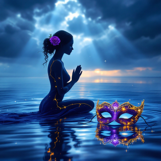 The cover features a woman's silhouette in a reverent prayer pose, kneeling on a deep sapphire blue water surface. Her posture evokes vulnerability and grace, with both knees pressed to the glass-smooth surface of the water and hands clasped and raised upward, head bowed deeply in supplication. The silhouette displays elegant fine cracks with golden light seeping through, symbolizing beauty in brokenness. Above, soft sunbeams break through storm clouds, illuminating her form. A vibrant royal purple masquerade-style eye mask adorned with intricate filigree and sparkling crystals floats slightly ahead of her silhouette. The mask sparkles like a constellation alongside a small royal purple rose tucked behind her ear, detailed with crystal dewdrops. The water reflects her prayerful figure, golden-lit cracks, and ornate mask with gentle ripples, creating a serene image.