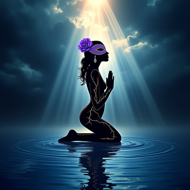 A dramatic scene featuring a woman positioned slightly above center kneeling on a mirror-like surface of deep sapphire blue water. Her silhouette is elegantly delicate yet fractured with intentional cracks, through which golden light spills. The heavy storm clouds in the background are pierced by substantial rays of sunlight that frame her form in divine illumination, creating a soft halo effect. The woman is adorned with a vibrant royal purple masquerade-style eye mask - its filigree patterns glitter with crystal details that catch the sun's beams. Behind her ear is a delicate purple rose glistening with tiny crystal dewdrops. Gentle ripples surround her knees touching the water, and the water’s reflection multiplies the scene, highlighting storm clouds, light rays, her form, and the golden spill from her cracks.